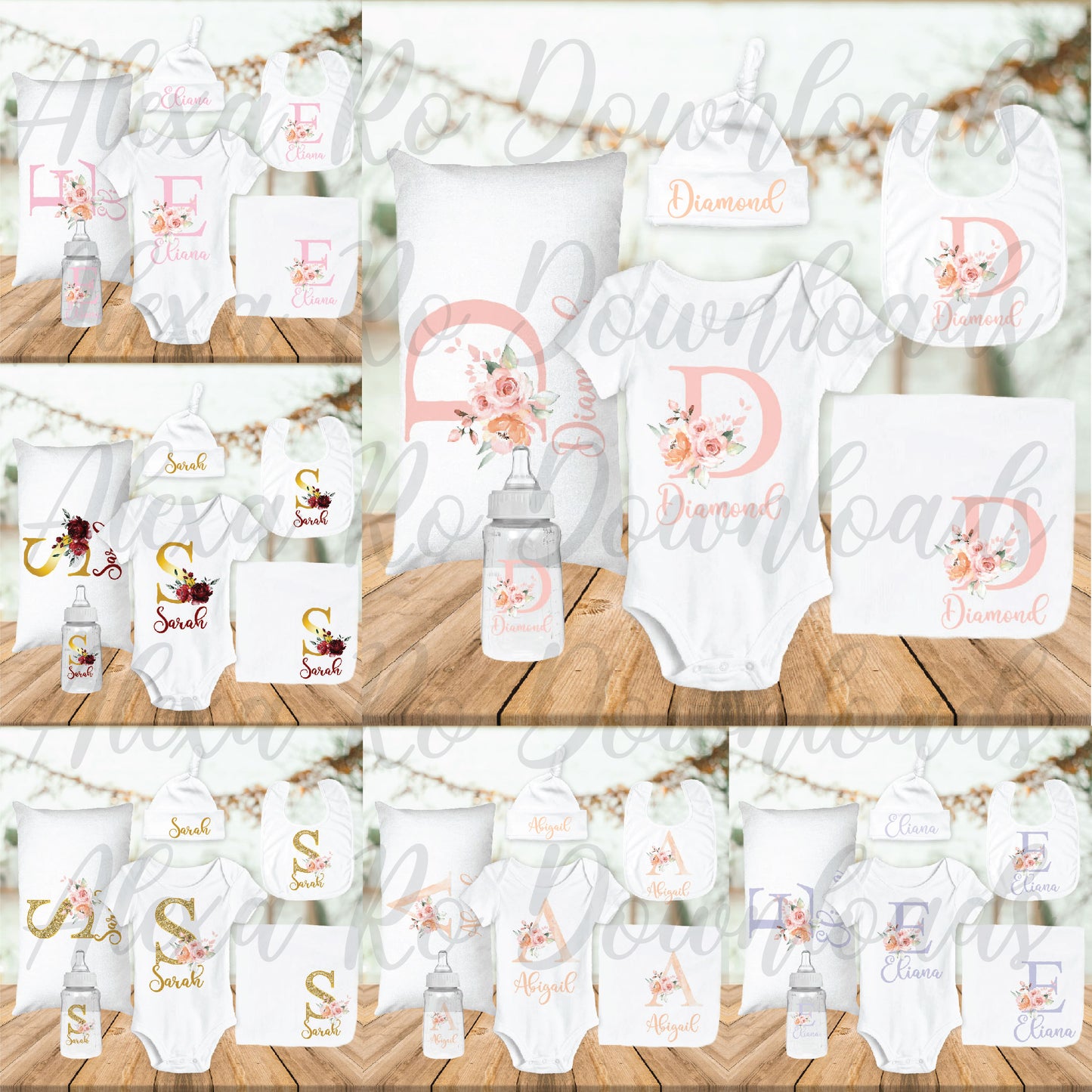 Florals and greenery baby monograms for sublimation, PNG files + Mockups